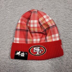 New Era NFL 49ers Sideline Statement Knit Red Plaid Beanie Hat OSFM